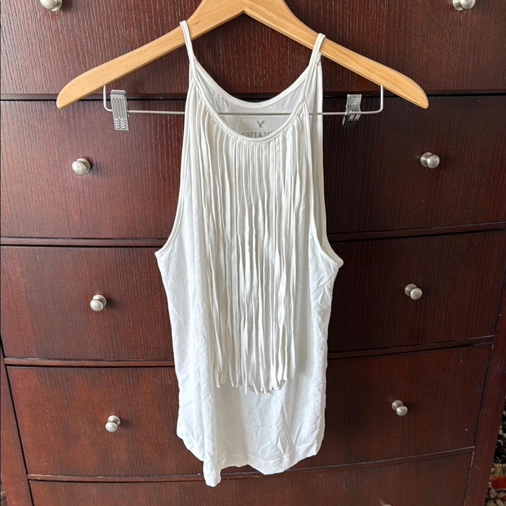 American Eagle White Fringe Detail Women's Top